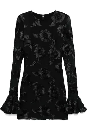 ROTATE Kleedjes, Dames, Zwart, S, Zwarte Mesh Jurk met Bloemrijke Borduursels