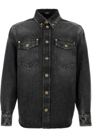 VERSACE Jassen, Heren, Zwart, M, Denim, Stijlvol Zwart Denim Overhemd
