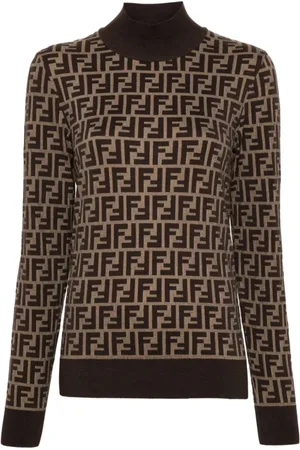 Fendi Truien, Dames, Bruin, XS, Katoen, FF Cotton Knit Turtleneck Sweater