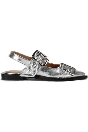 Ganni Schoenen, Dames, Grijs, 37 EU, Metallic Buckle Ballerina Flats