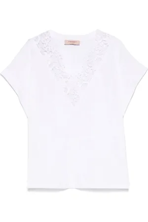 Twin-Set Tops, Dames, Wit, M, Kanten Inzet T-shirt