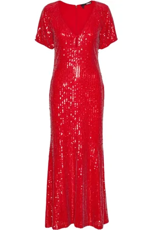 ROTATE Kleedjes, Dames, Rood, M, Sparkle V-hals Midi Jurk