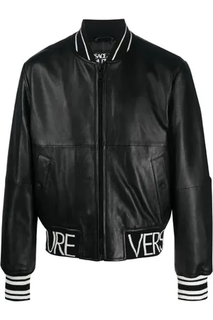VERSACE Jassen, Heren, Zwart, M, Leer, Zwarte leren bomberjack