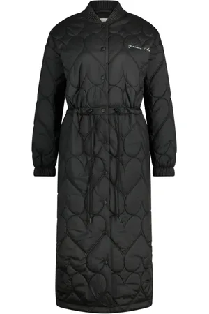Fabienne Chapot Jassen, Dames, Zwart, L, Polyester, Zwarte lange jas met hartjesprint