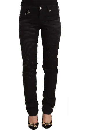 Roberto Cavalli Jeans, Dames, Zwart, W24, Katoen, Elegante Zwarte Versierde Slim Fit Jeans
