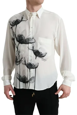 Dolce & Gabbana Overhemden, Heren, Wit, L, Leer, Elegante bloemen zijden overhemd