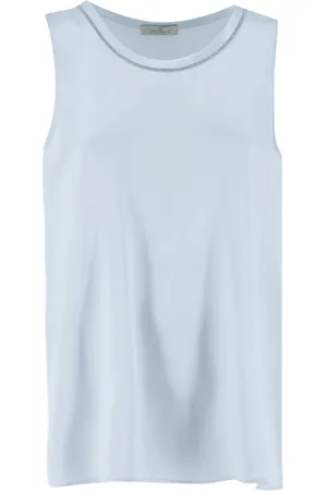 PANICALE Tops, Dames, Blauw, XS, Zijden Crew Neck Top met Luminous Details