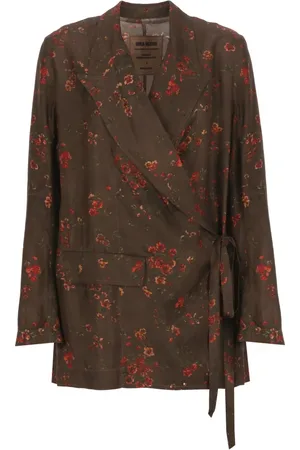 UMA WANG Jassen, Dames, Bruin, L, Bruine Bloemenprint Jas voor Vrouwen