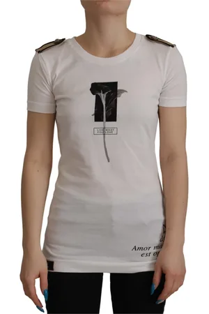 Dolce & Gabbana Tops, Dames, Wit, M, Katoen, Elegant bloemenkatoenen T-shirt met ronde hals