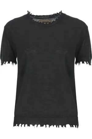 UMA WANG Tops, Dames, Zwart, L, Kasjmier, Zwarte Kasjmier Trui Ronde Hals Korte Mouwen
