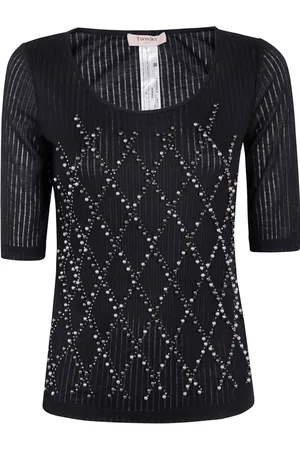 Twin-Set Blouses & Shirts, Dames, Zwart, M, Zwart Diamantpatroon Logo Shirt