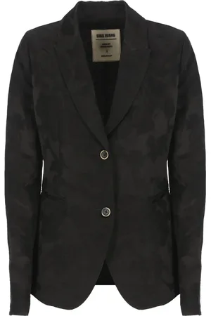 UMA WANG Jassen, Dames, Zwart, M, Linnen, Zwarte Linnen Blazer met Bloemenpatroon