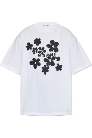 Marni Tops, Dames, Wit, XS, Katoen, T-shirt met bloemenmotief