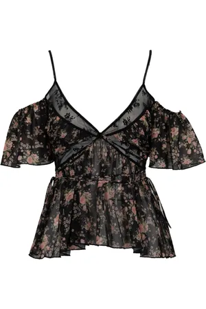 ANIYE BY Blouses & Shirts, Dames, Zwart, S, Polyester, Bloemen Kant Top met Open Schouders
