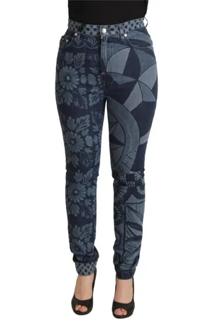 Dolce & Gabbana Jeans, Dames, Blauw, M, Katoen, Elegante bloemrijke hoge taille skinny jeans