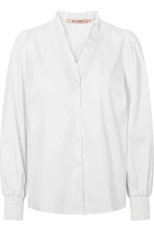 RUE de FEMME Blouses & Shirts, Dames, Wit, M, Katoen, Vrouwelijk wit overhemd met smockdetails