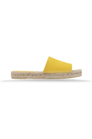 Prada Schoenen, Dames, Geel, 41 EU, Hennep, Canvas Slip-On Espadrilles met leren patch