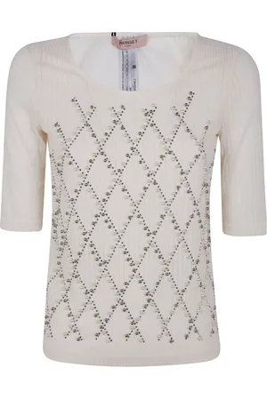 Twin-Set Tops, Dames, Wit, M, Witte Diamantpatroon Gebreide Shirt