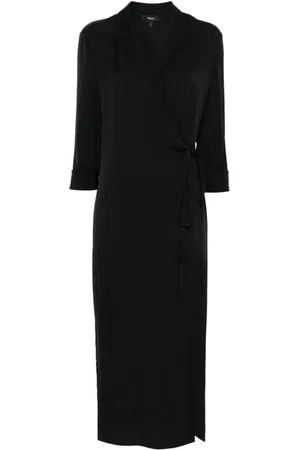 THEORY Kleedjes, Dames, Zwart, XS, Zwarte Zijden Omslagjurk met Strik