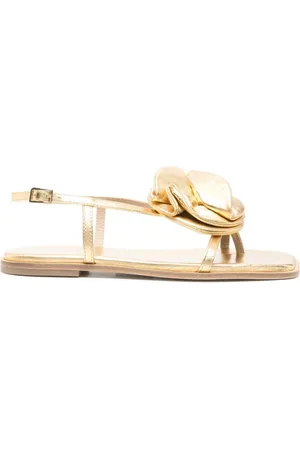 vic matiè Schoenen, Dames, Geel, 36 EU, Gouden Bloem Platte Sandalen