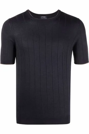 BARBA Tops, Heren, Blauw, XL, Geribbeld T-shirt in Blauw