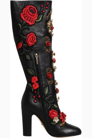 Dolce & Gabbana Schoenen, Dames, Veelkleurig, 39 EU, Leer, Zwarte Bloemversierde Kniehoge Laarzen