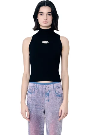 Diesel Tops, Dames, Zwart, S, Polyester, Rib Top met D-Cut-Out Hardware