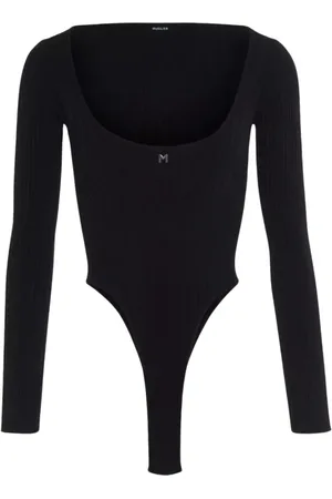 MUGLER Tops, Dames, Zwart, M, Katoen, Zwarte Gebreide Bodysuit met Diepe Halslijn