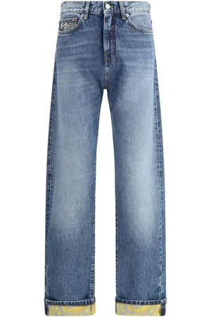 VERSACE Jeans, Heren, Blauw, W32, Katoen, Gestreepte hoge taille jeans met Barocco revers