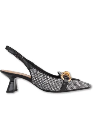 Lodi Schoenen, Dames, Zwart, 39 EU, Leer, Leren en stoffen slingback-pumps met raffia-effect