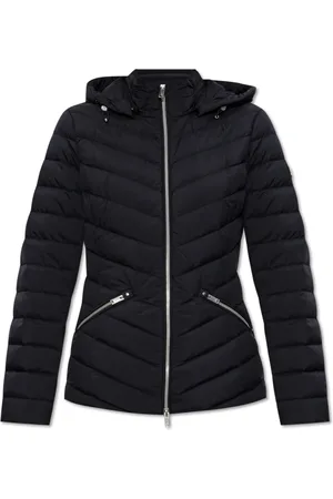 Moose Knuckles Jassen, Dames, Zwart, S, Leer, Donsjack met afneembare capuchon