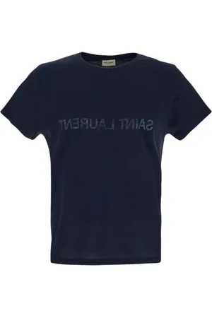 Saint Laurent Tops, Heren, Blauw, L, Katoen, Logo Print T-shirt