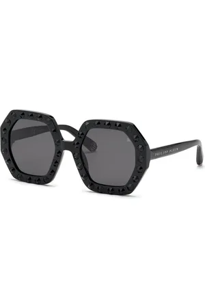 Philipp Plein Accessoires, Dames, Zwart, ONE Size, Stijlvolle zwarte acetaat zonnebril met grijze lenzen