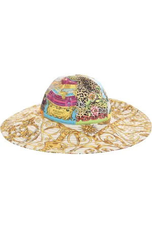 Moschino Accessoires, Dames, Veelkleurig, M, Katoen, Canvas Sjaal Print Brede Rand Hoed