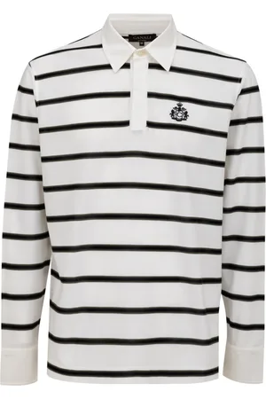 CANALI Tops, Heren, Wit, L, Katoen, Gestreept Poloshirt met Lange Mouwen