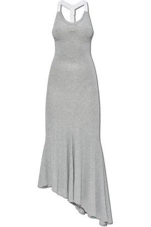 OFF-WHITE Kleedjes, Dames, Grijs, 2Xs, Geribbelde Off-Shoulder Jurk