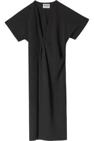 Moschino Kleedjes, Dames, Zwart, XS, Polyester, Zwarte Jurk met Halve Mouwen en V-Hals