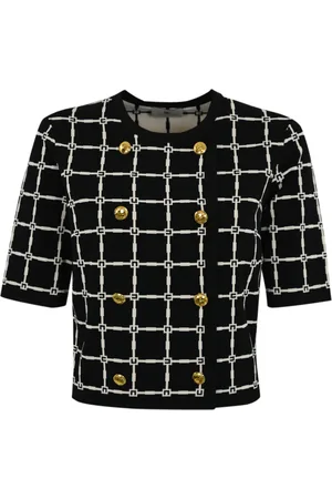 Elisabetta Franchi Truien, Dames, Zwart, XS, Jacquard Cardigan met 3/4 Mouwen