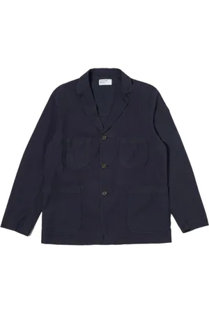 Universal Works Jassen, Heren, Blauw, S, Katoen, Marine Seersucker Jack met Vijf Zakken