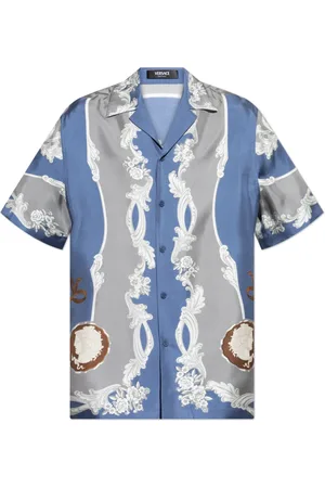 VERSACE Overhemden, Heren, Blauw, L, Zijden shirt met korte mouwen