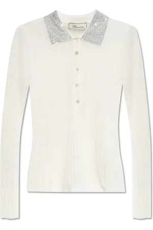 BLUMARINE Tops, Dames, Wit, L, Pailletten, Geribbeld poloshirt met glinsterende pailletten