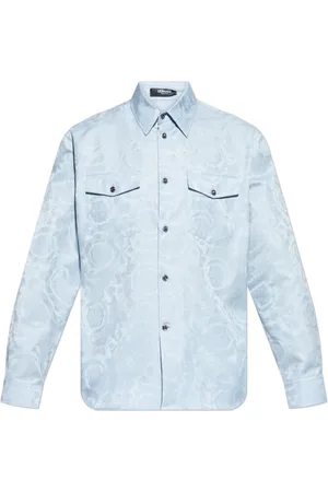 VERSACE Overhemden, Heren, Blauw, L, Katoen, Shirt met Barocco patroon
