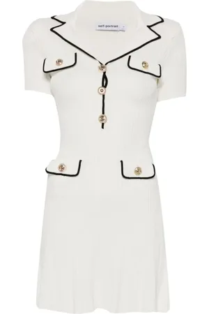 Self-Portrait Kleedjes, Dames, Wit, S, Polyester, Witte Geribbelde Jurk met Klepzakken