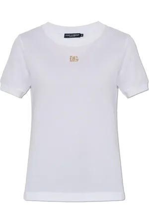 Dolce & Gabbana Tops, Dames, Wit, XS, Katoen, T-shirt met logo-vormige applicatie