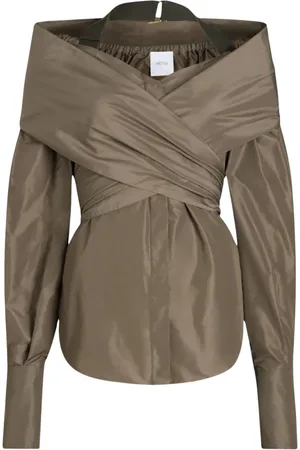 Patou Jassen, Dames, Bruin, S, Nylon, Nylon Crossover Blouse met Grosgrain Detail