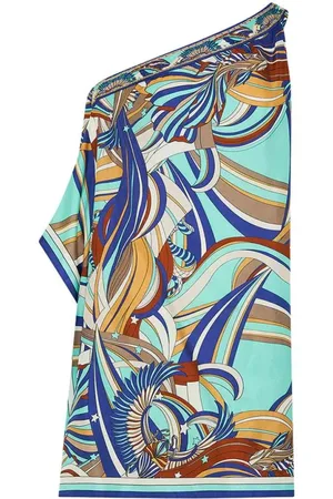 Camilla Kleedjes, Dames, Veelkleurig, S, Blauwe Geometrische One Shoulder Kaftan