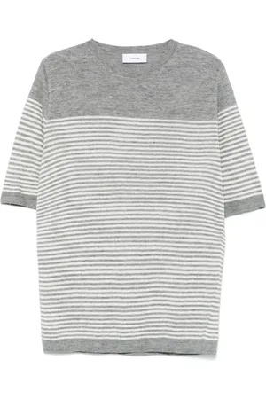 LARDINI Tops, Heren, Grijs, L, Linnen, Fijngebreid T-shirt met witte strepen