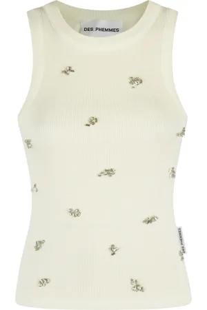 Des Phemmes Tops, Dames, Geel, M, Katoen, Mouwloze kristallen top