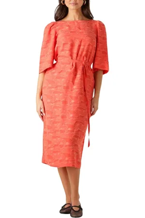 Object Kleedjes, Dames, Oranje, M, Denim, Oranje Midi Jurk met 3/4 Mouwen