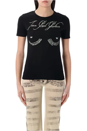Jean Paul Gaultier Tops, Dames, Zwart, S, Katoen, Zwart Grafisch Print Slim Fit T-Shirt
